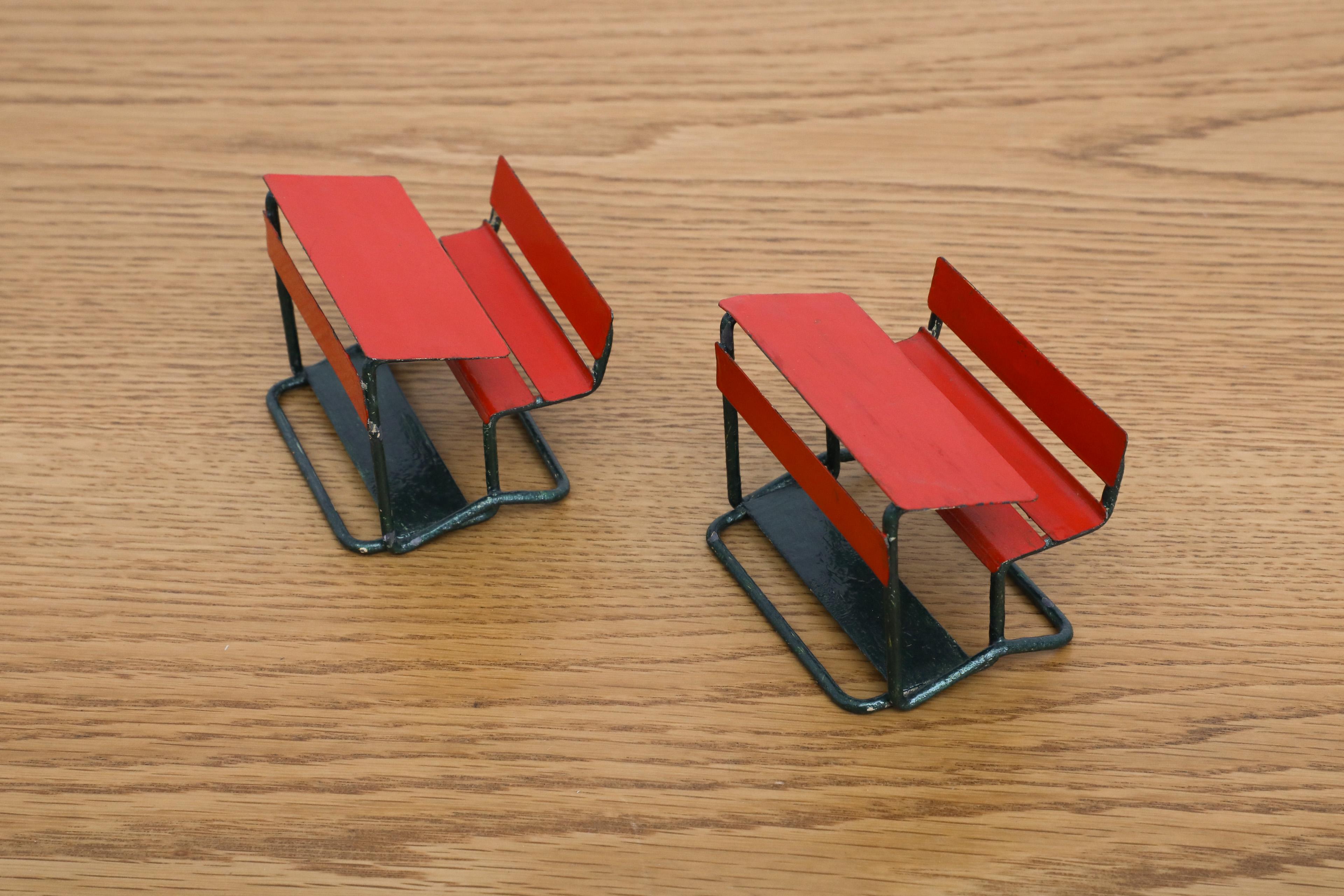 20th Century Mid-Century Miniature School Desks in Red and Black Painted Metal For Sale
