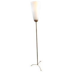 Midcentury Minimal Brass Floor Lamp with Opaline Glass, Italy 1950s