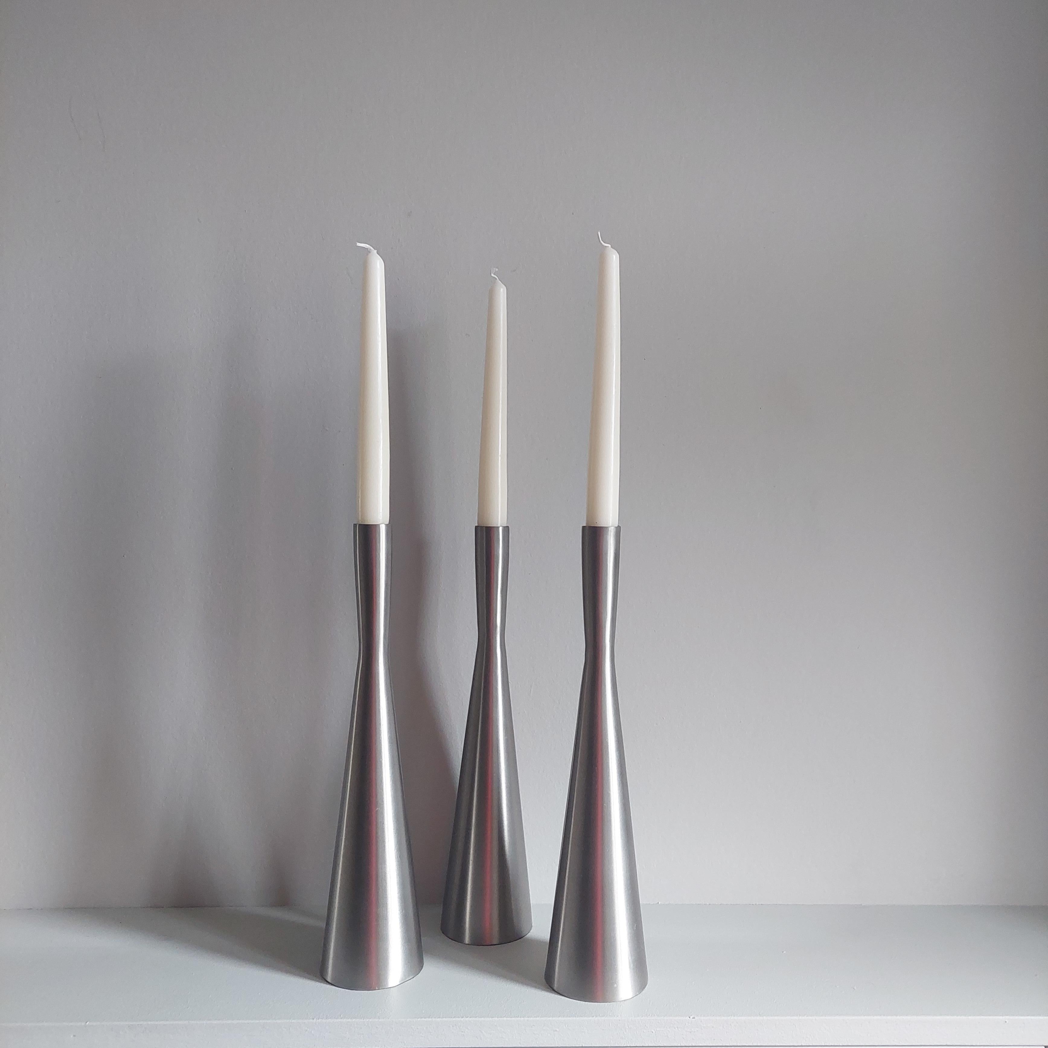 European Mid Century Minimalist Aluminum Candle Holders Candlesticks, set of 3, 70s For Sale