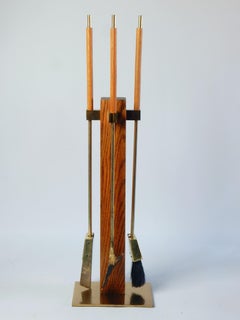Mid-Century Minimalist Brass & Oak Fireplace Tool Set