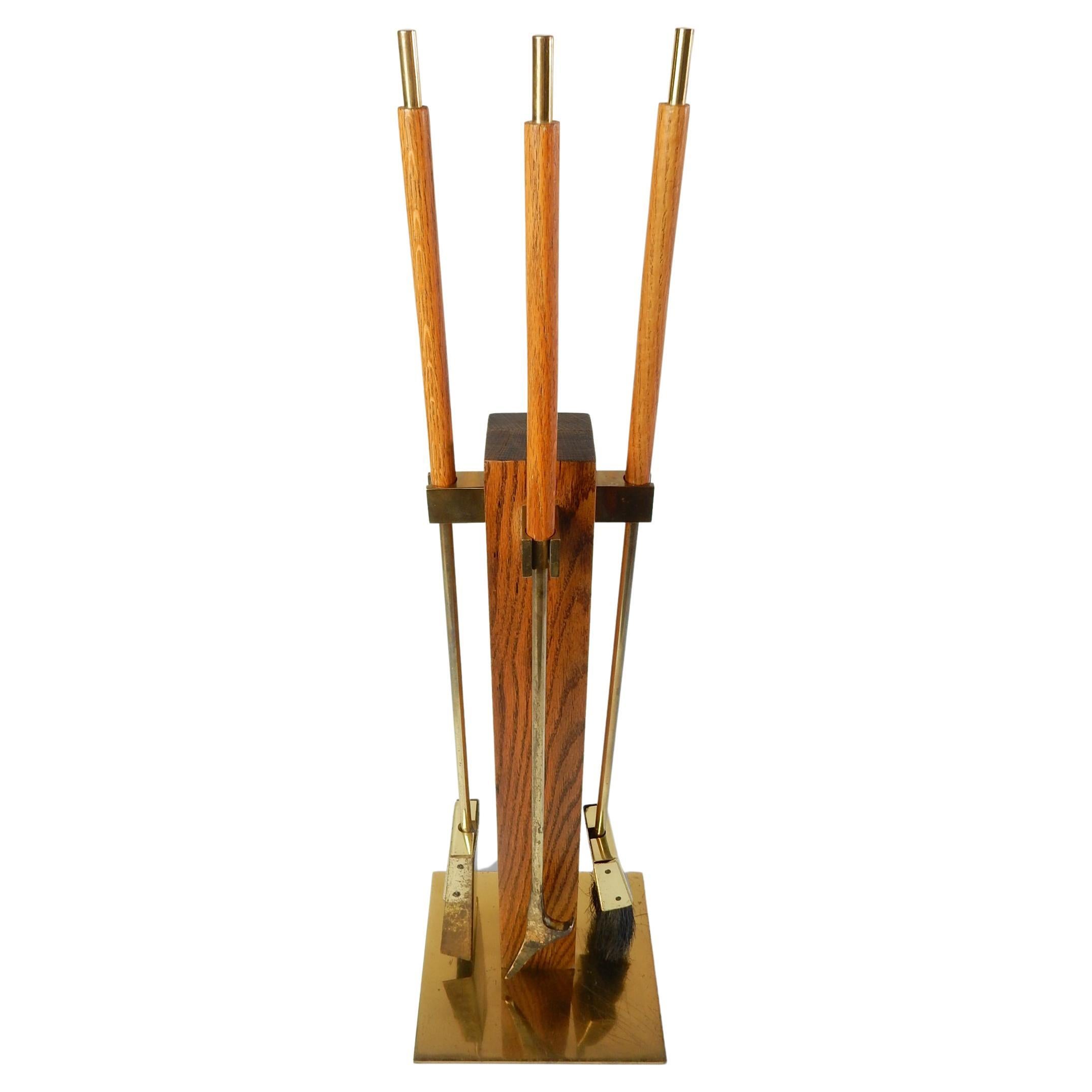 Mid-Century Minimalist Brass & Oak Fireplace Tool Set For Sale