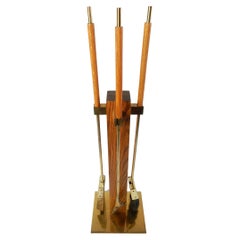 Vintage Mid-Century Minimalist Brass & Oak Fireplace Tool Set