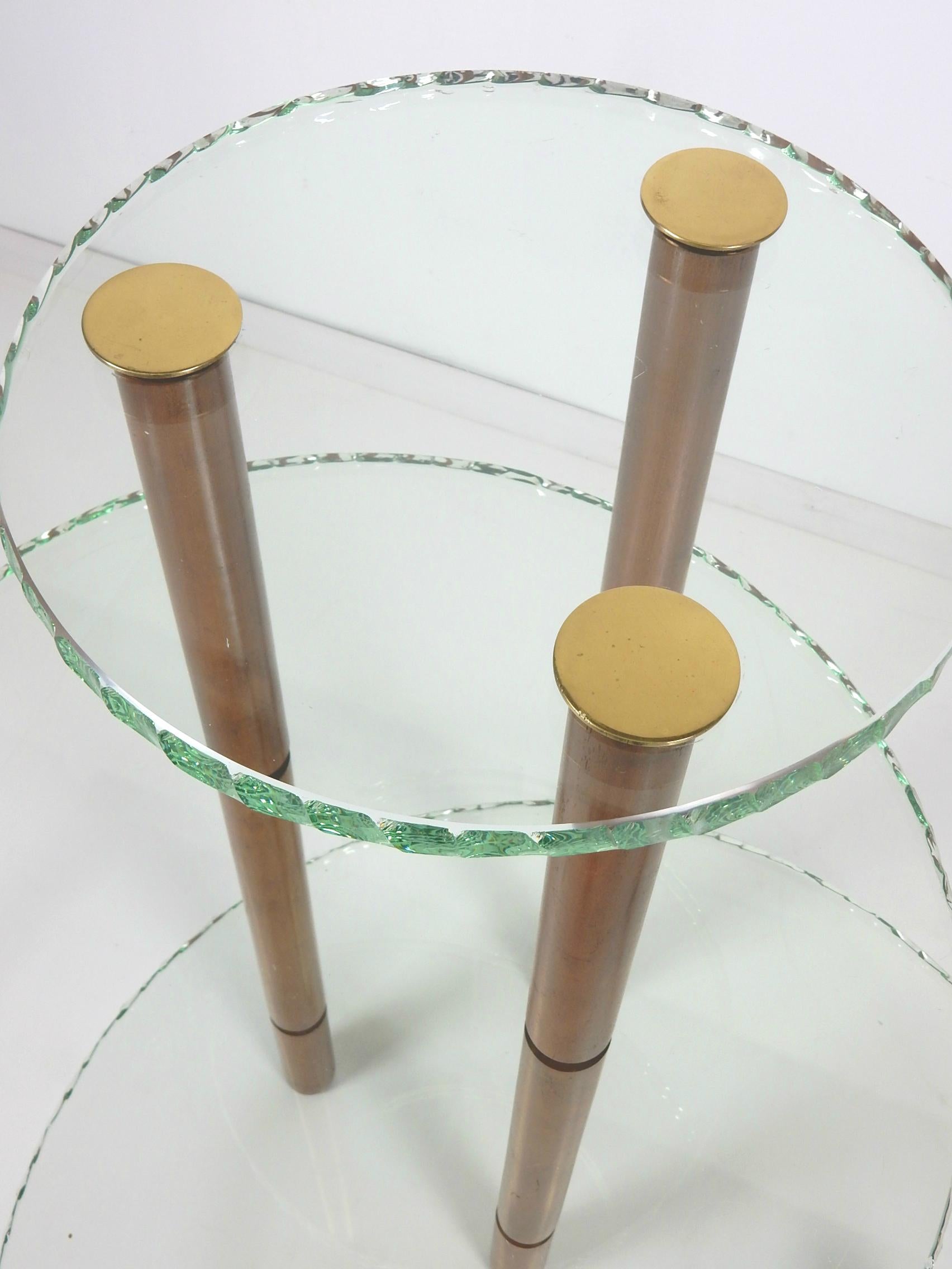 20th Century Chiseled Edge Green Glass Etagere' Vitrine Table after Max Ingrand For Sale
