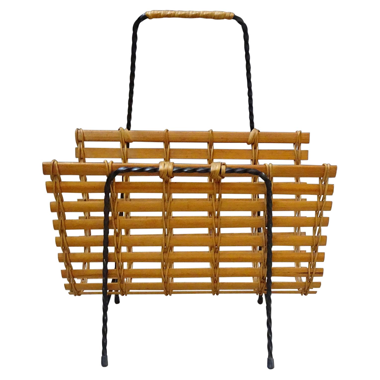 Mid-Century Minimalist Magazine Rack Rattan and Iron, 1950