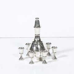 Mid-Century Minimalist Sculptural Sterling Kiddush Decanter and Six Cup Set