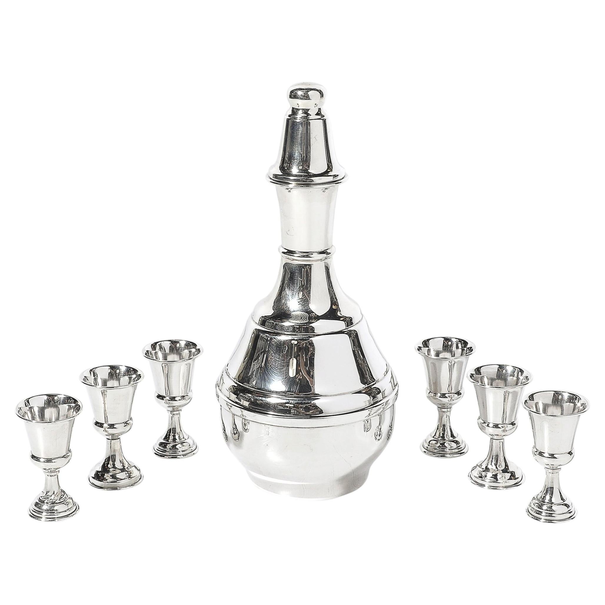 Mid-Century Minimalist Sculptural Sterling Kiddush Decanter and Six Cup Set For Sale