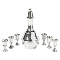 Mid-Century Minimalist Sculptural Sterling Kiddush Decanter and Six Cup Set