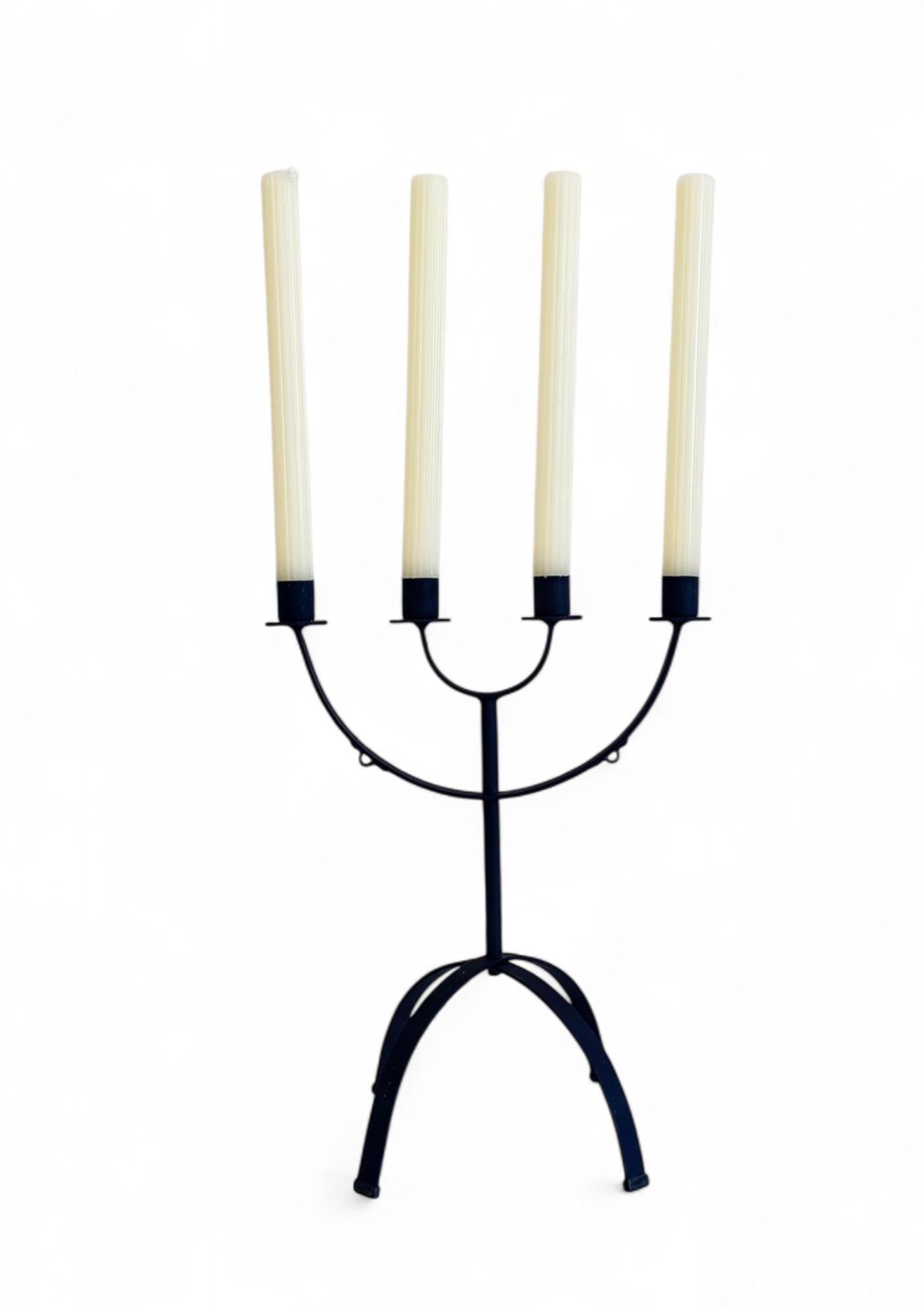 French Mid-Century Minimalistic Black Iron Jewish Menorah Candelabra For Sale