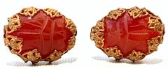 Mid-Century Mirian Haskell Russian Gold Carved Glass Scarab Earrings-Signed