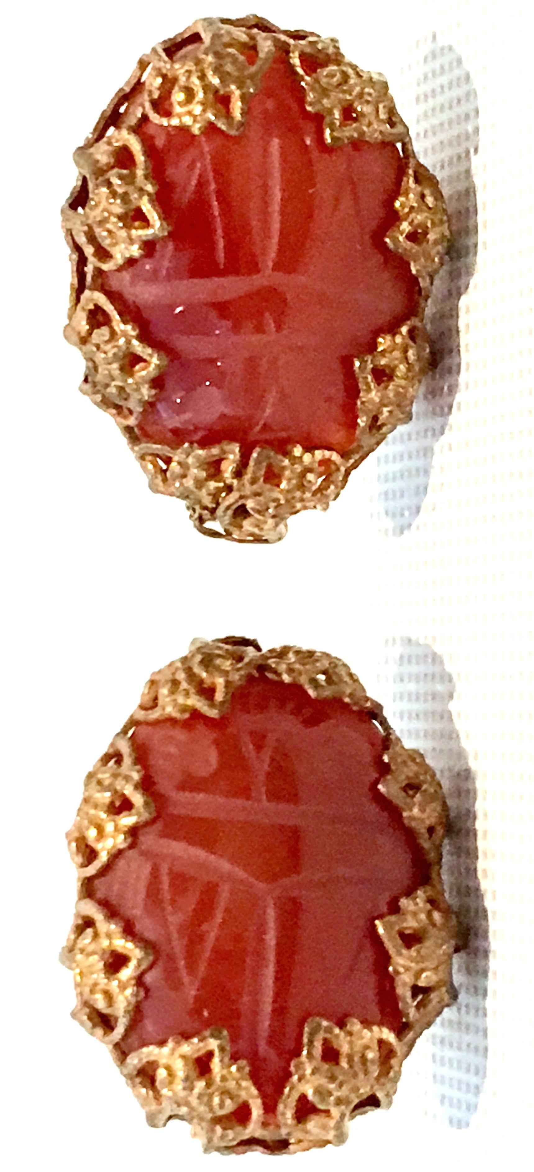 Egyptian Revival Mid-Century Mirian Haskell Russian Gold Carved Glass Scarab Earrings-Signed