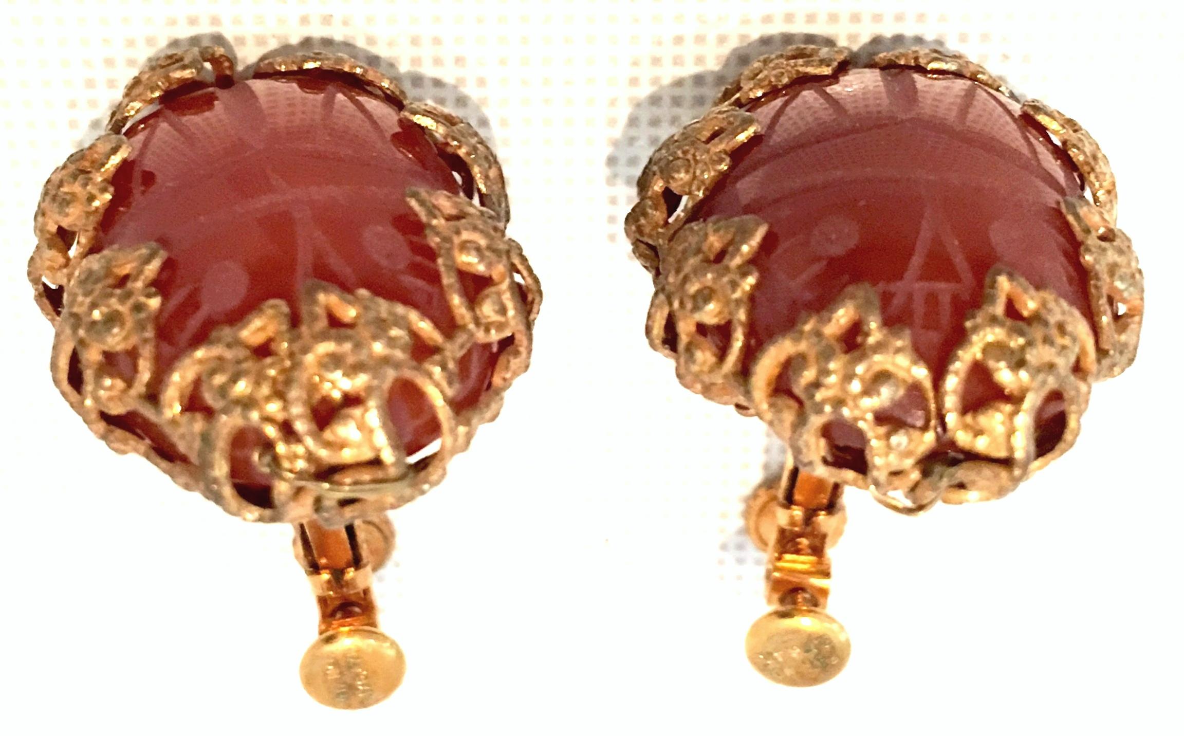 Mid-Century Mirian Haskell Russian Gold Carved Glass Scarab Earrings-Signed In Good Condition In West Palm Beach, FL