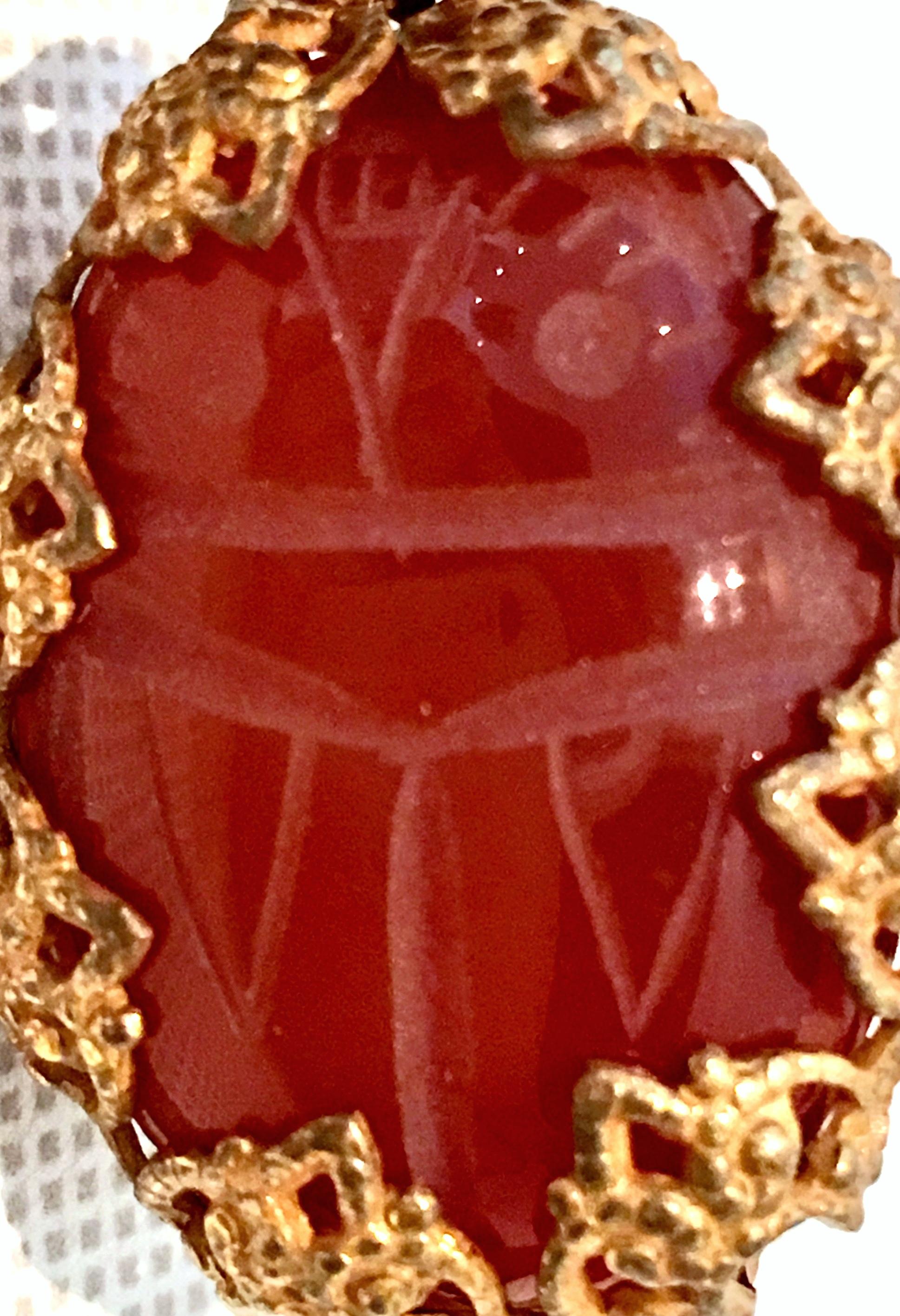 Mid-Century Mirian Haskell Russian Gold Carved Glass Scarab Earrings-Signed 1