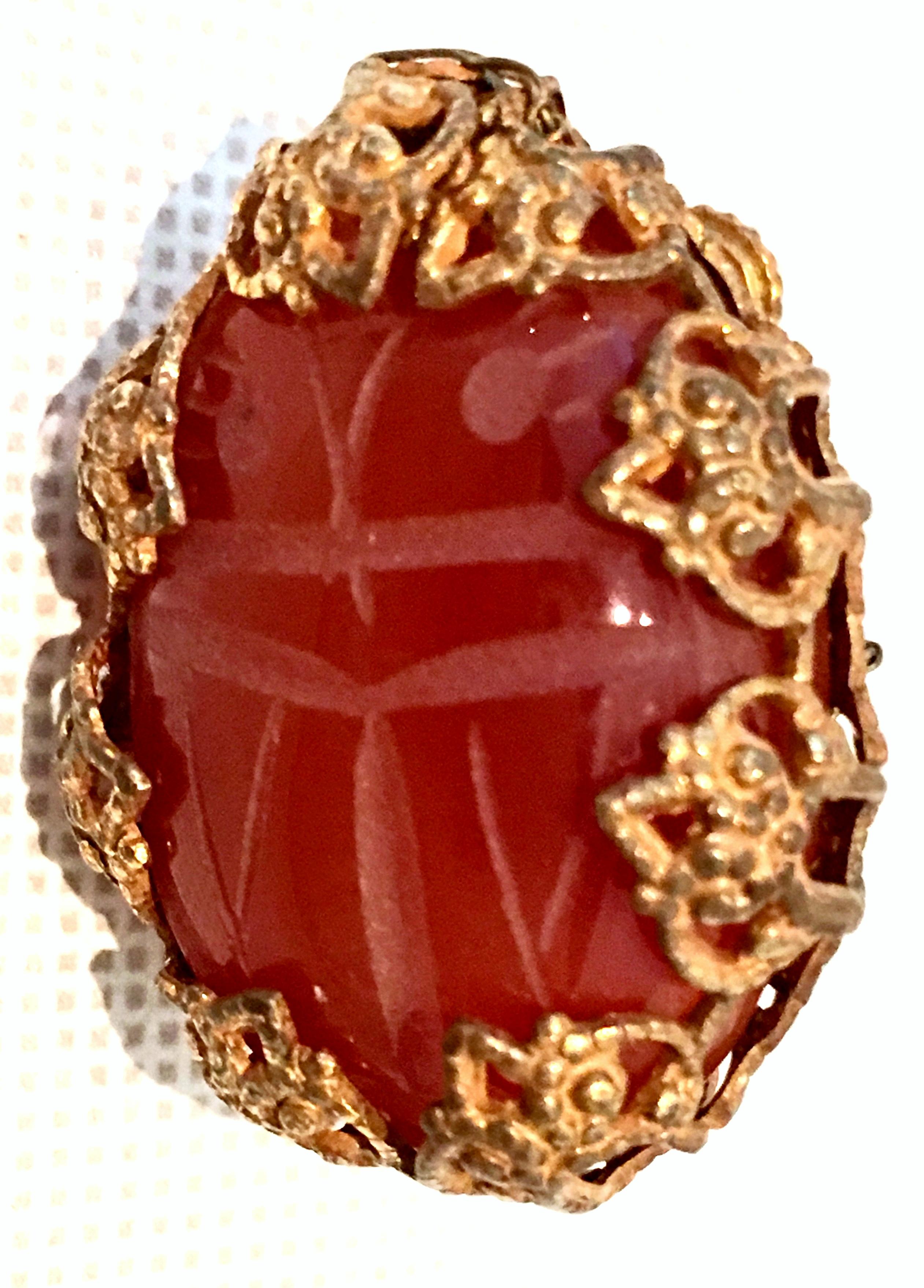 Mid-Century Mirian Haskell Russian Gold Carved Glass Scarab Earrings-Signed For Sale 1