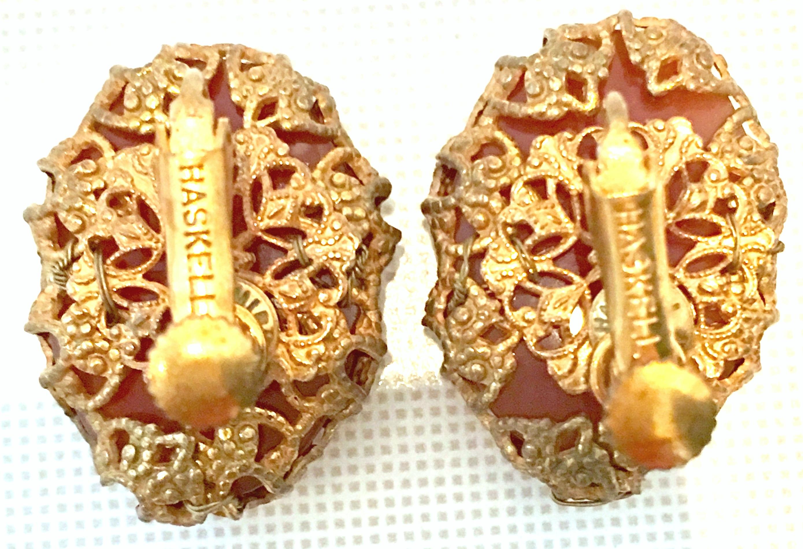 Mid-Century Mirian Haskell Russian Gold Carved Glass Scarab Earrings-Signed 2