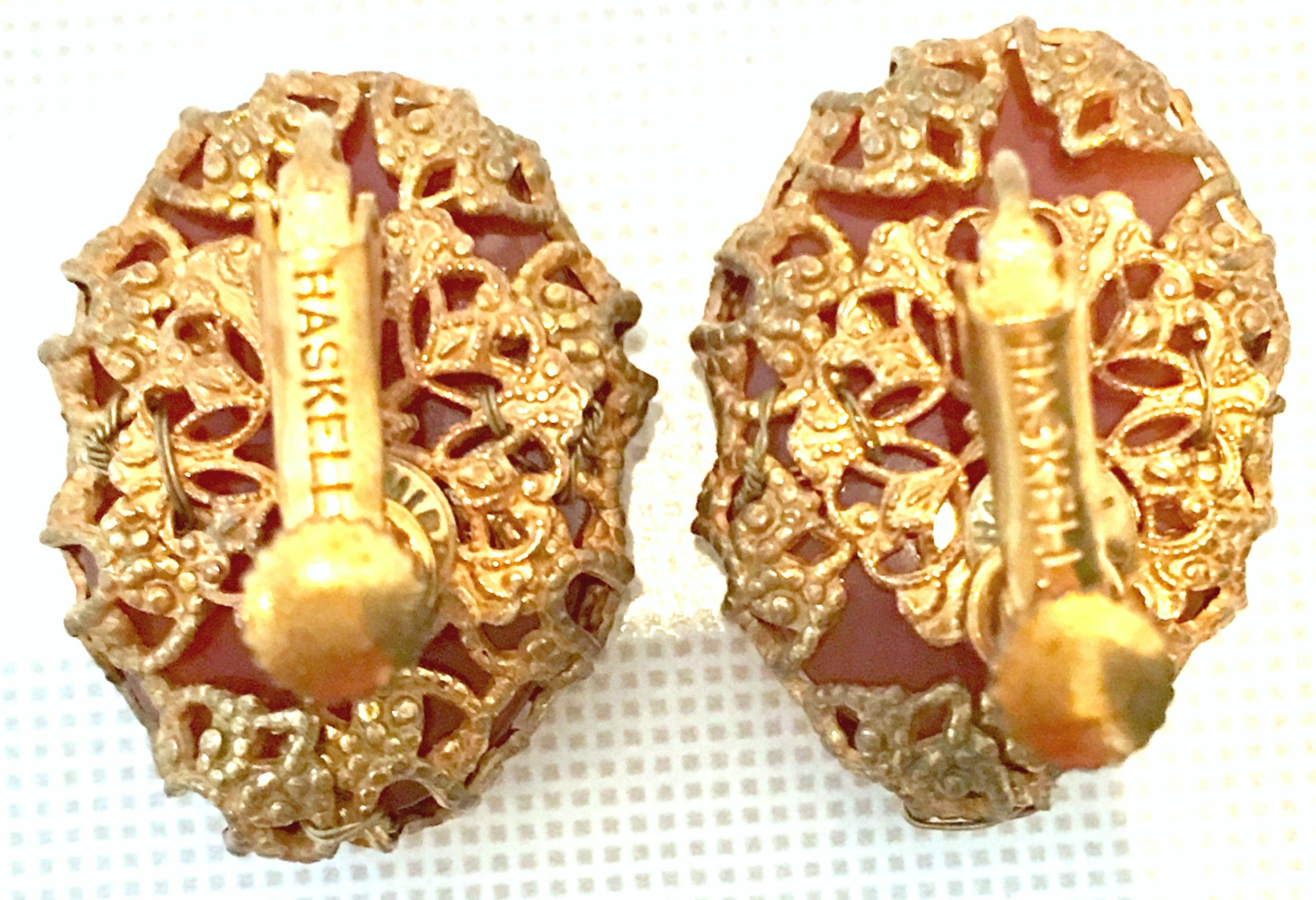 Mid-Century Mirian Haskell Russian Gold Carved Glass Scarab Earrings-Signed For Sale 3