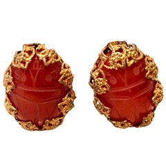 Mid-Century Mirian Haskell Russian Gold Carved Glass Scarab Earrings-Signed