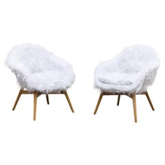 Mid-Century Miroslav Navrátil Bucket Lounge Chairs for Vertex in White Faux Fur