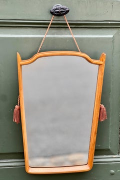 Mid Century Mirror Cherrywood Frame, Rope Hanging, Europe 1930-40 ies