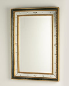 Mid Century Mirror - Wood Frame - Green and Gilt - Star Etched Glass