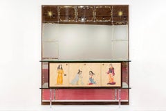 Mid Century Mirrored Bar Cabinet Credenza with Asian Motif, Made in Italy
