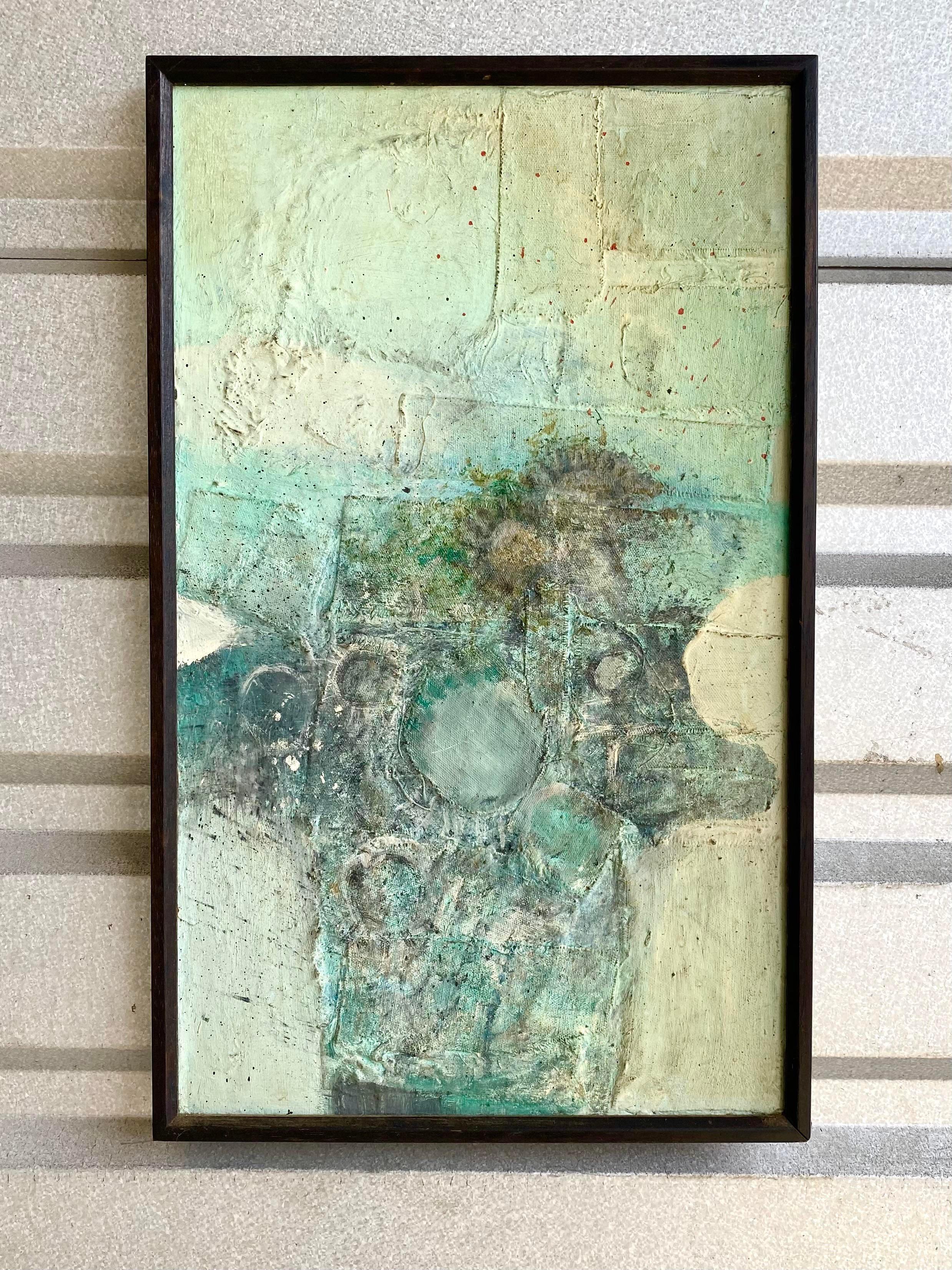 Amazing Midcentury mixed media oil painting. Signed by the artist Joseph Davoli. A brilliant composition in the most beautiful colors. Acquired from his Miami estate