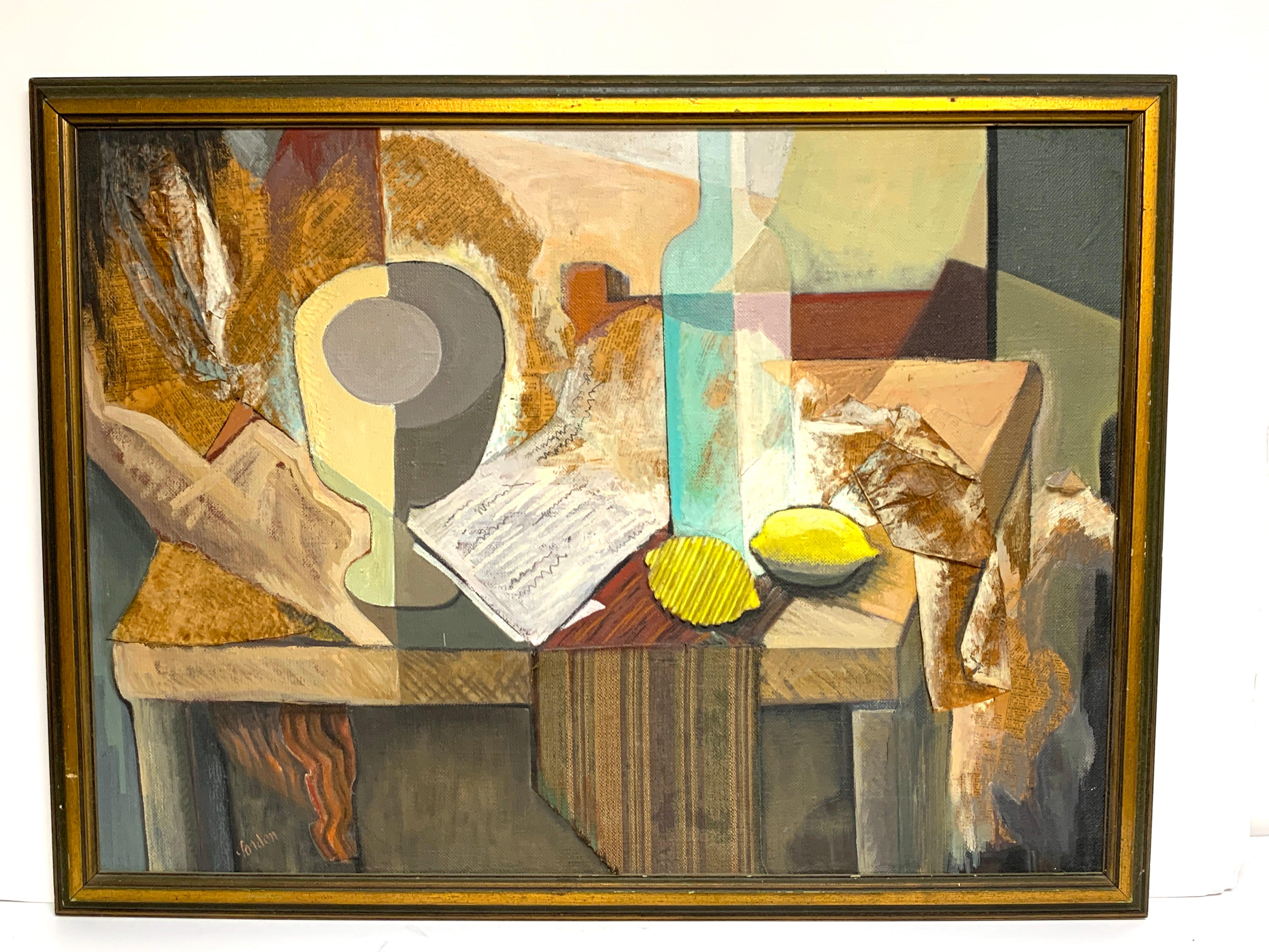 Midcentury mixed-media Cubist still life oil on canvas, a fine composition with influences of Kurt Schwitters and George Braque. Signed 