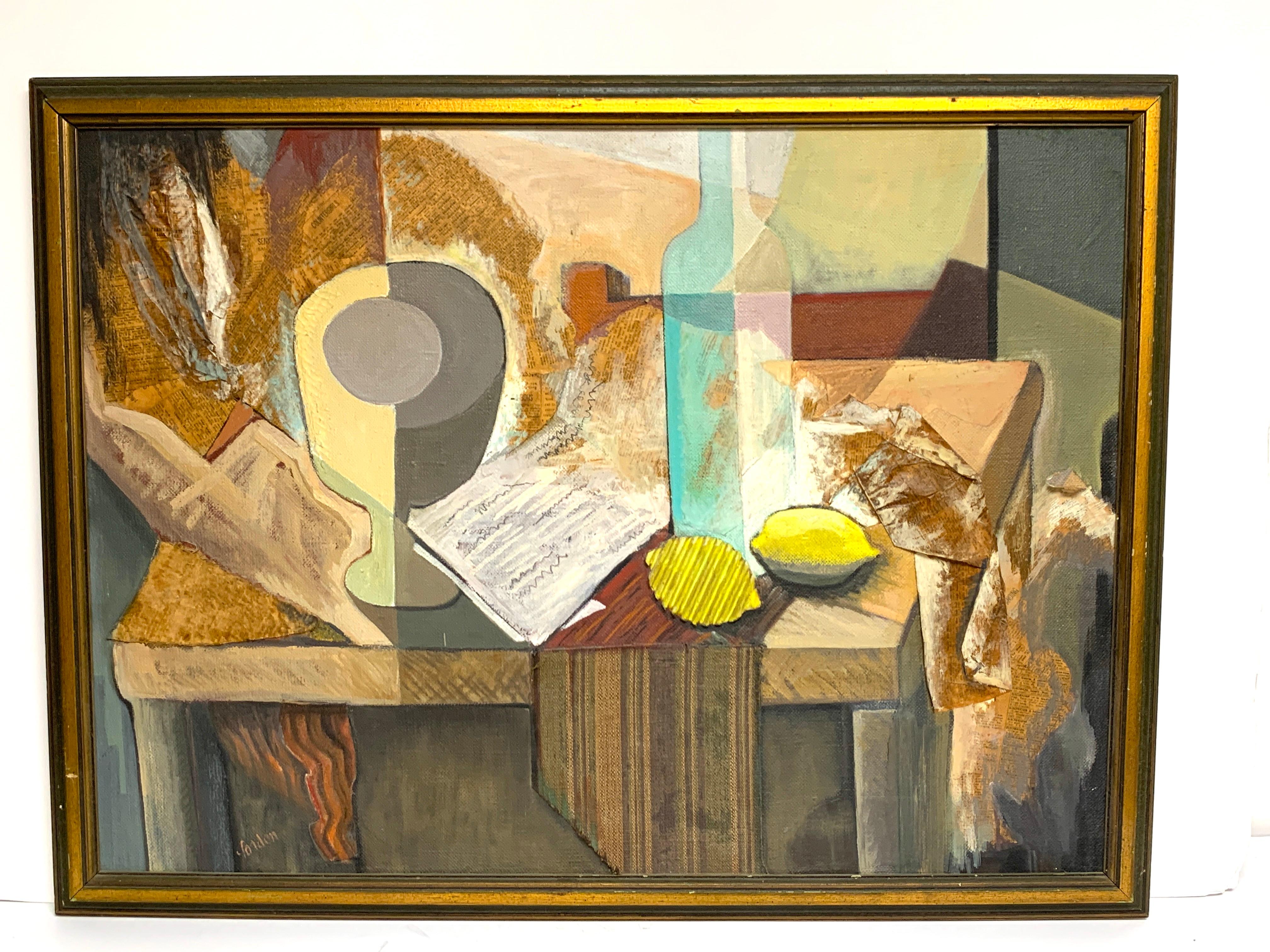 Natura morta cubista a tecnica mista di metà secolo, olio su tela, una composizione raffinata con influenze di Kurt Schwitters e George Braque. Firmato 