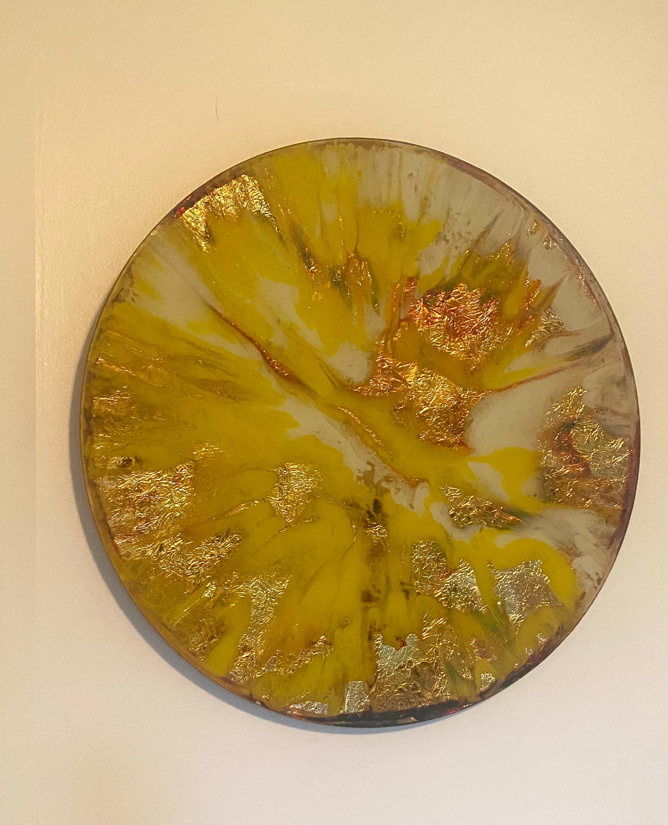 American Mid-Century Mixed Media Glass Disc Wall Decoration with Gold Leaf For Sale