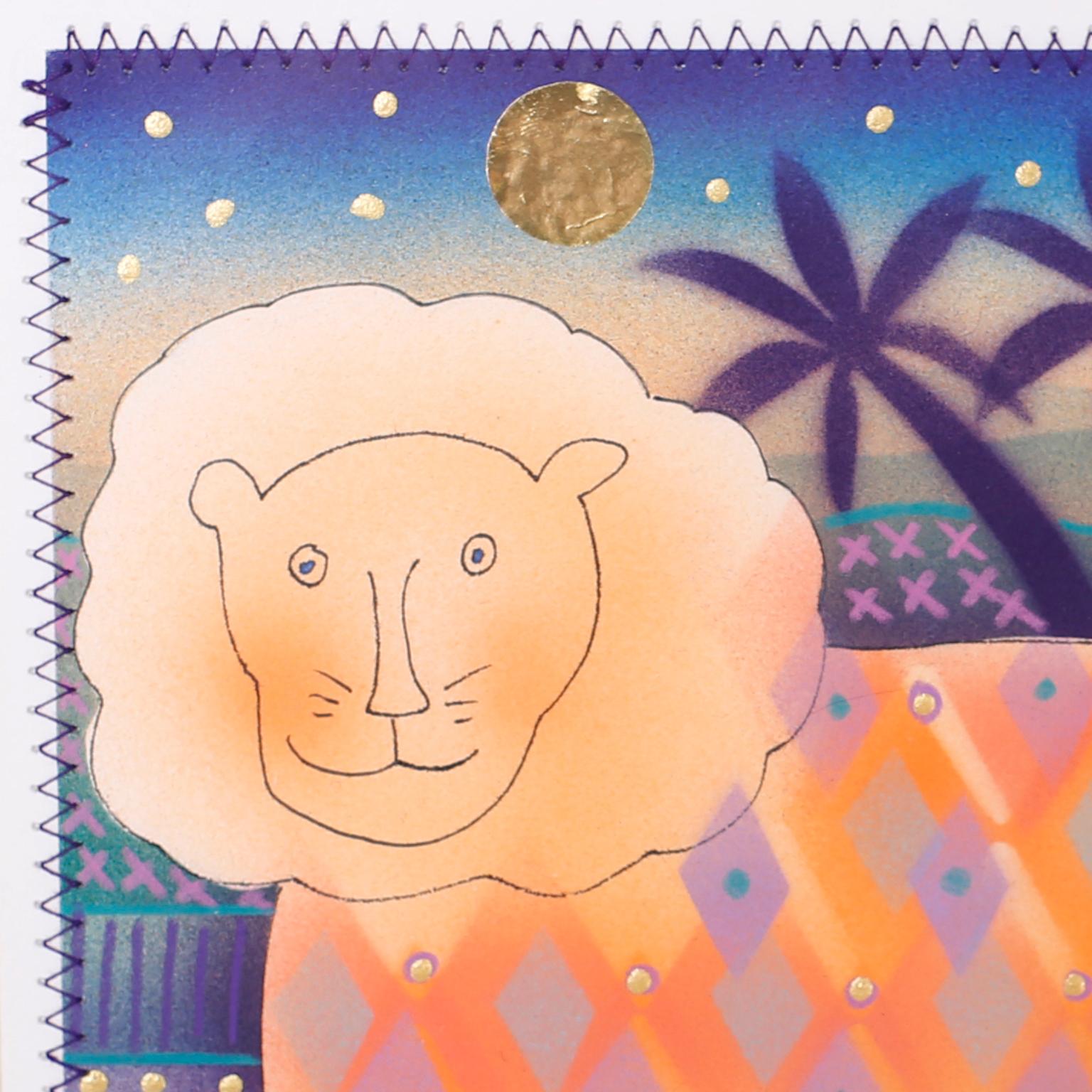 Charmante peinture mixte d'un lion et de palmiers exécutée à l'aquarelle et à la gouache avec du métal appliqué. Présenté dans un cadre en feuille d'argent et intitulé Take a Chance.
Joule est un synonyme du célèbre artiste Terry Mcllrath.