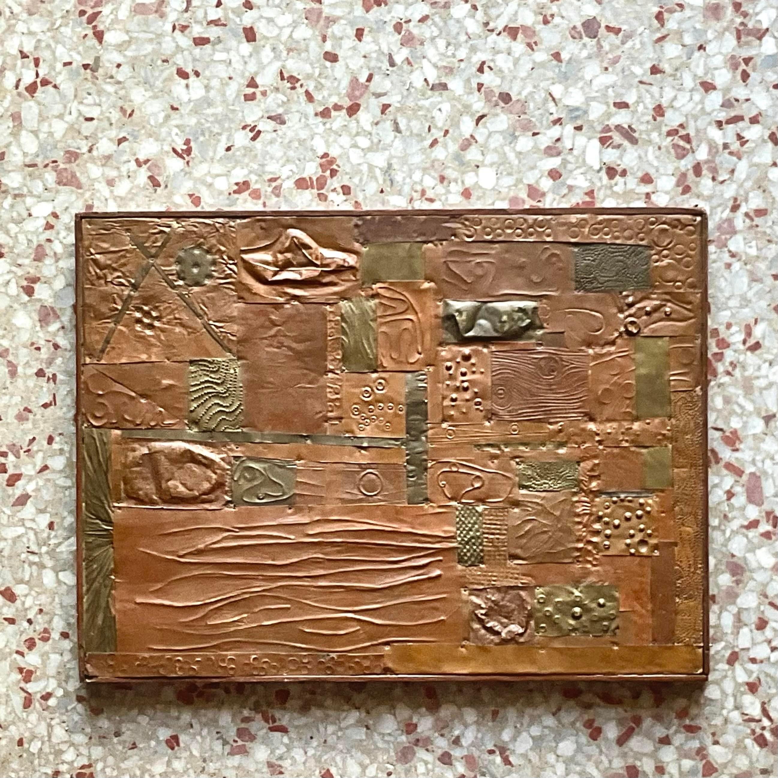 Mid-Century Mixed Metal Abstract Assemblage on wood frame. Beautiful hand placed detail using pieces of copper on wood. Acquired from a Palm Beach estate.