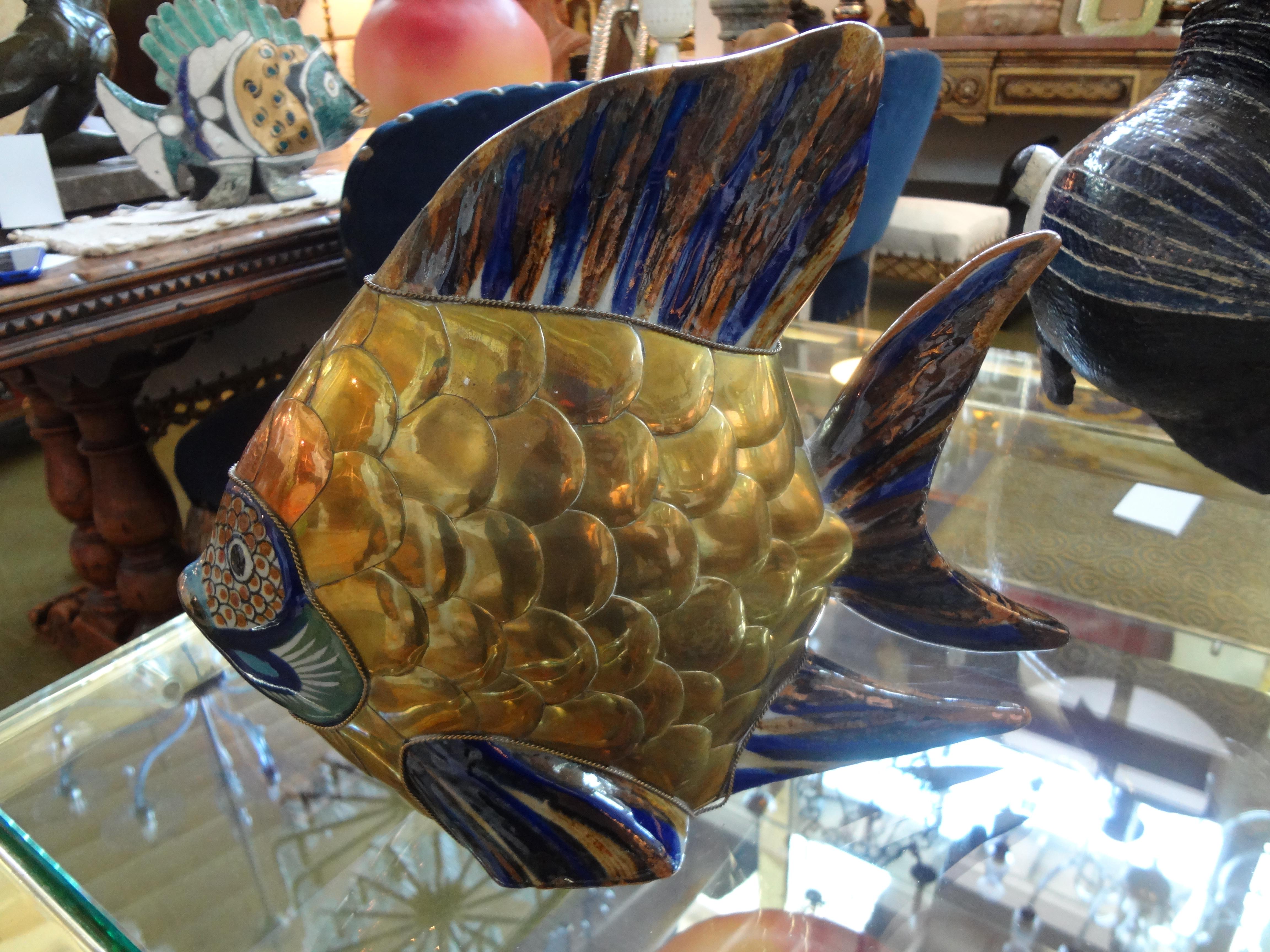 Mid Century Mixed Metal and Pottery Fish Sculpture In Good Condition In Houston, TX