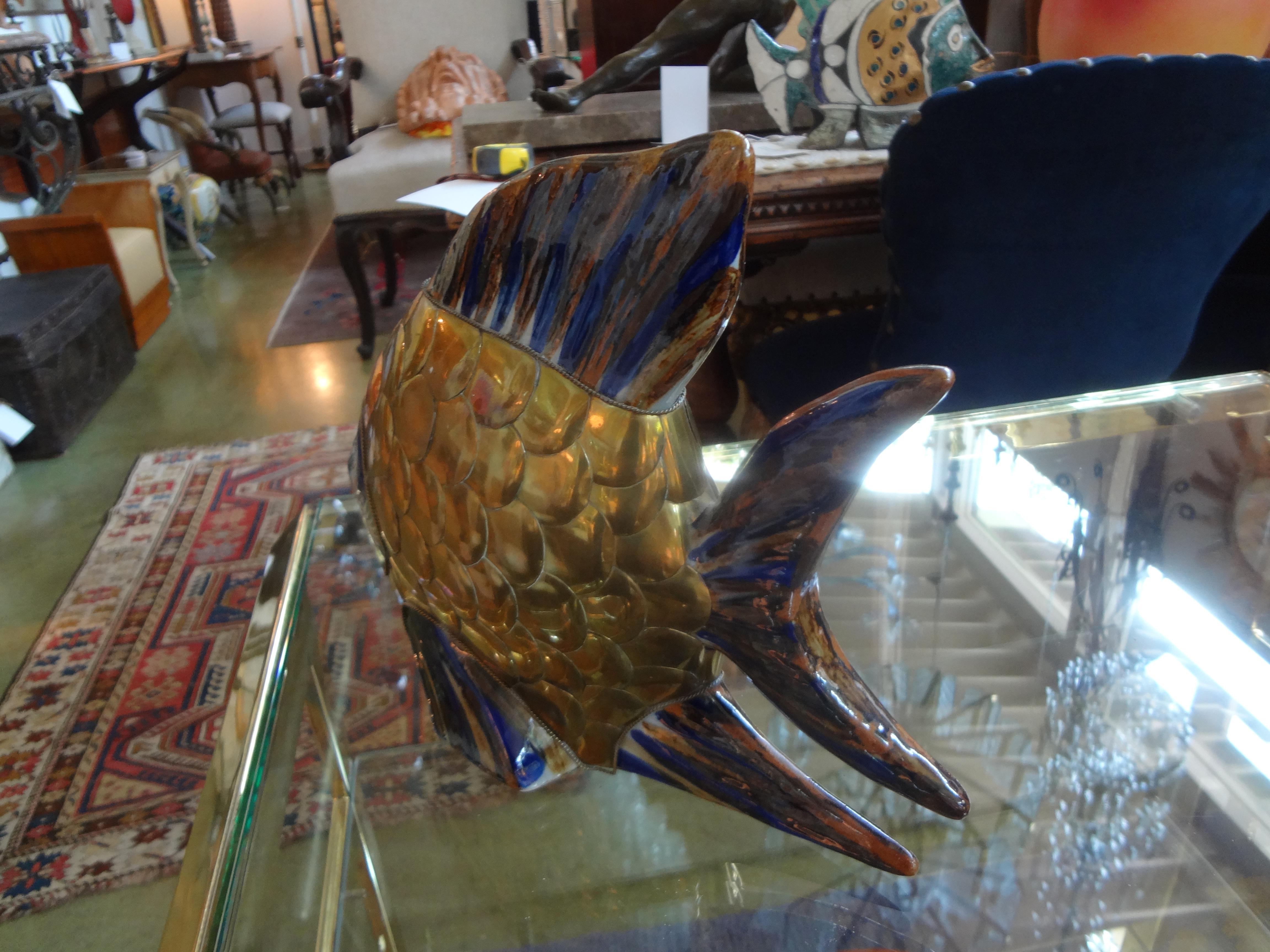 20th Century Mid Century Mixed Metal and Pottery Fish Sculpture
