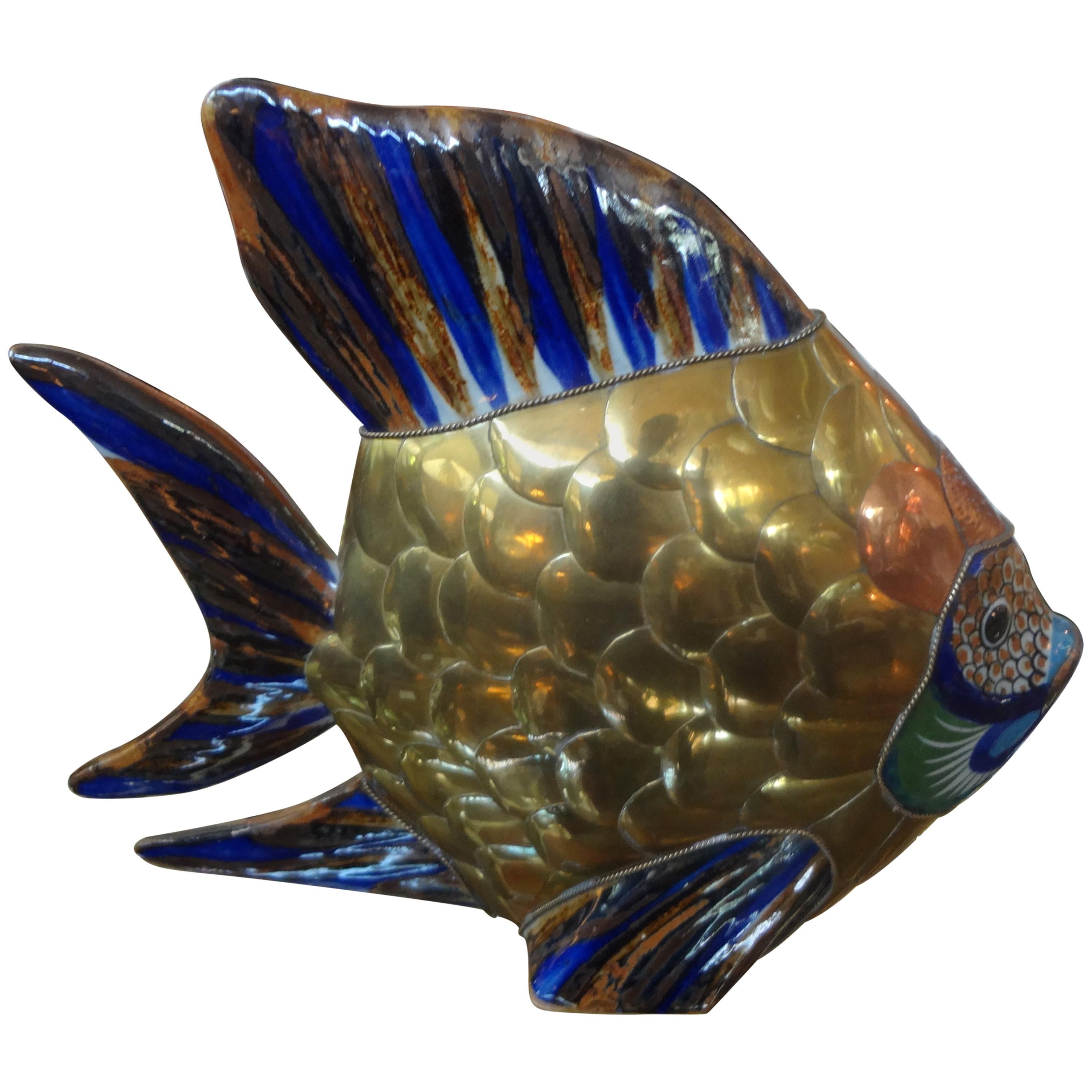 Mid Century Mixed Metal and Pottery Fish Sculpture