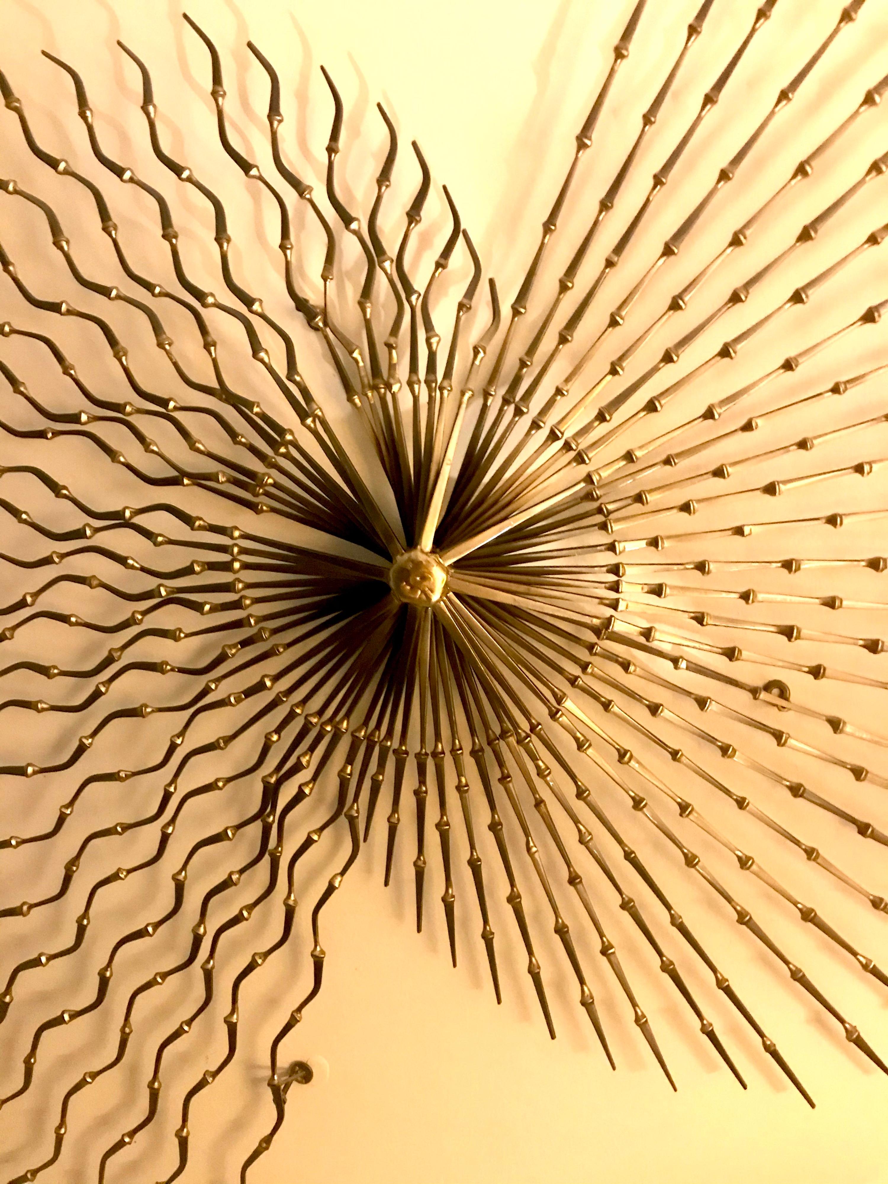 Mid Century Mixed Metal Pin Wheel Sunburst Wall Sculpture In Good Condition For Sale In Miami, FL