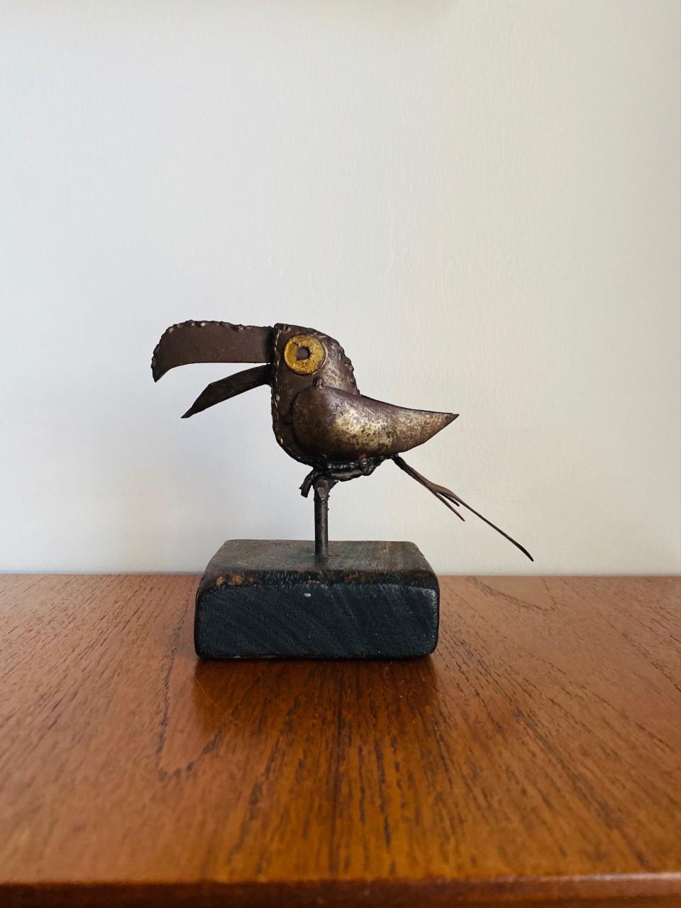 Mexican Mid-Century Mixed Metal Small Parrot Sculpture in the Style of Sergio Bustamante For Sale