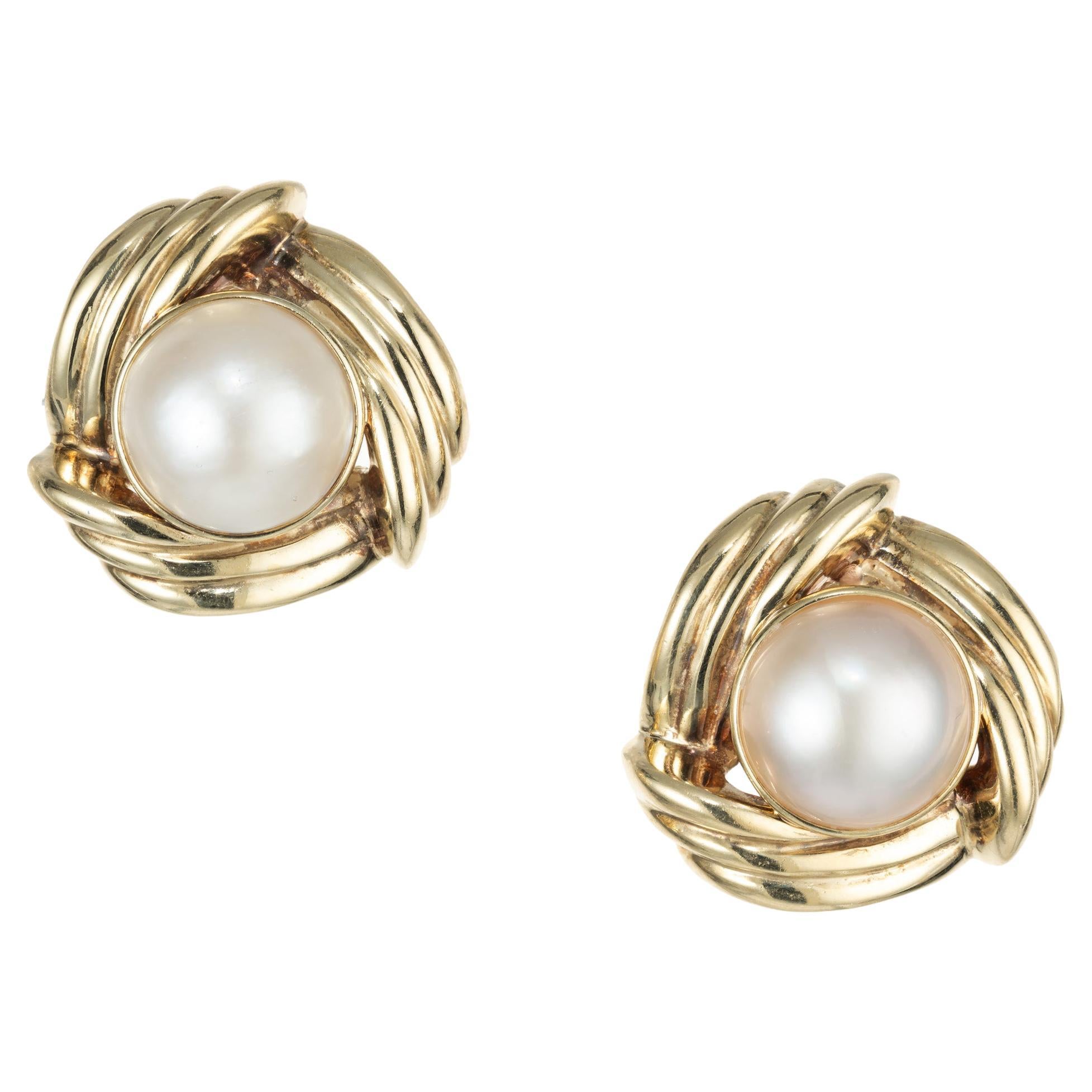 Mid-Century Mobe Pearl 14k Large Swirl Design Clip Post Earrings