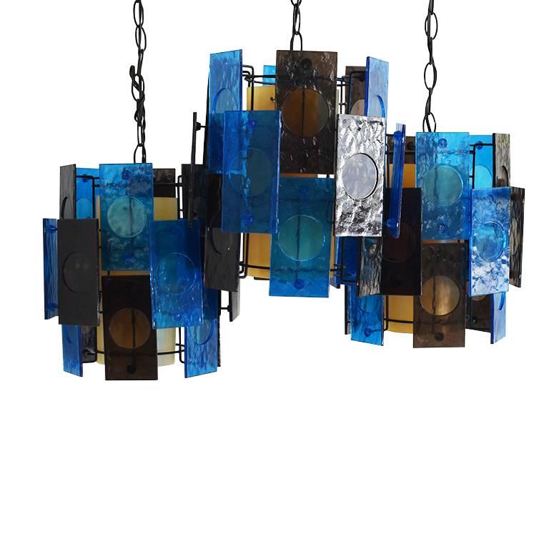 Mid-Century Modern Blue and Brown Staggered Acrylic Hard Wired Pendants, 1960 For Sale