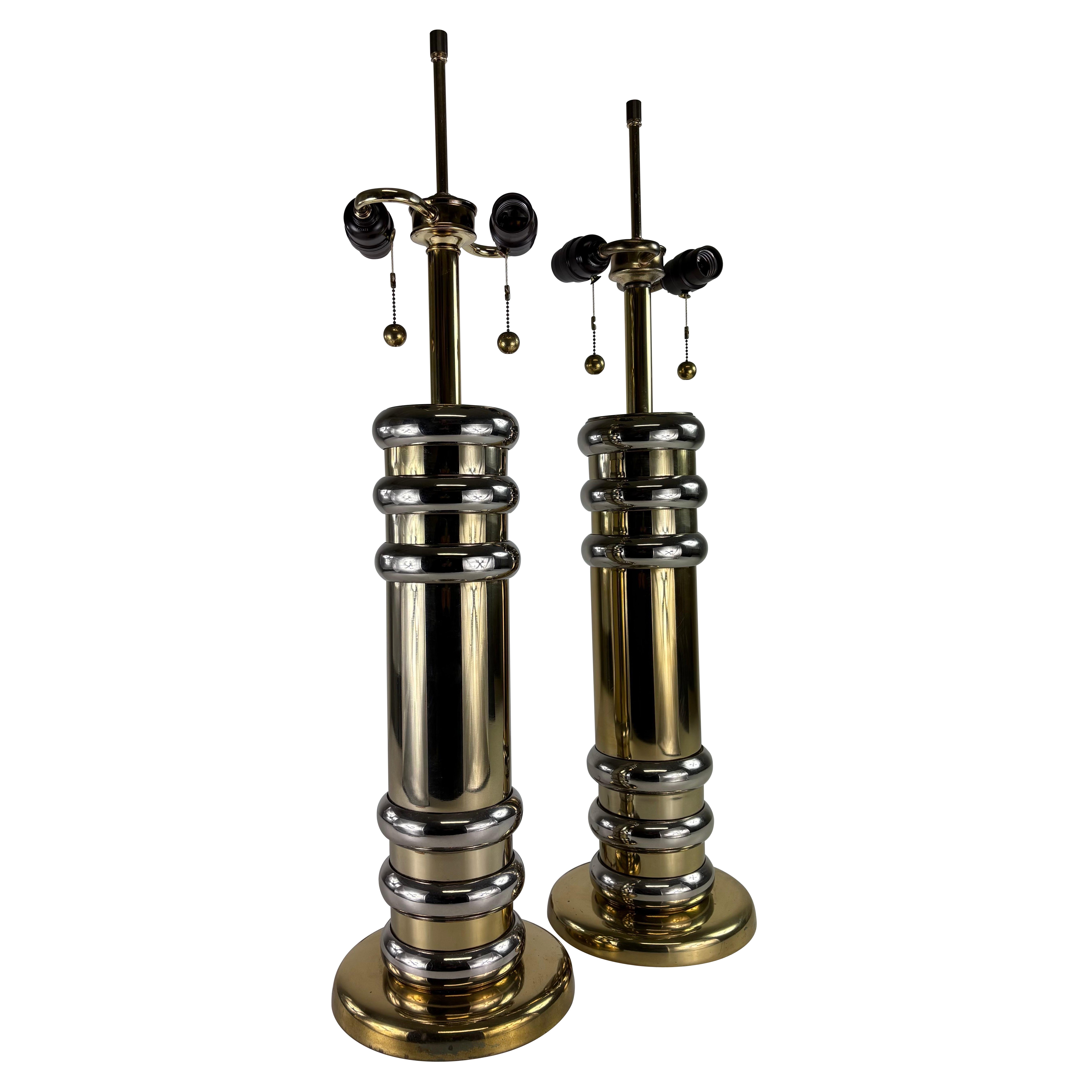 Mid-century mod. Chrome and brass table lamps/a pair For Sale