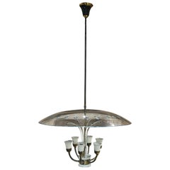 Mid-Century Mod Cut Glass Floral Brass Chandelier Attr Luigi Brusotti Italy