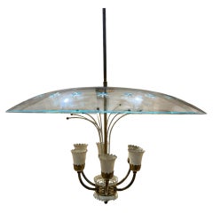 Mid-Century Mod Cut Glass Floral Brass Chandelier Attr Luigi Brusotti Italy