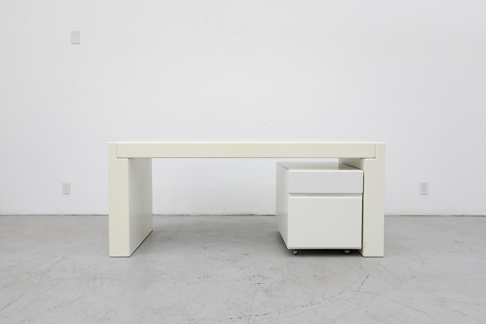 Mid-Century MOD Jean Maneval Inspired Chunky White Desk with Rolling Storage For Sale 12