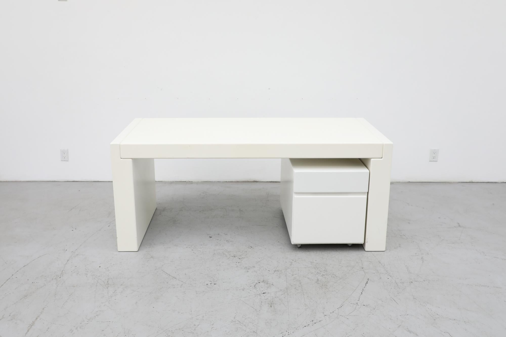 Dutch Mid-Century MOD Jean Maneval Inspired Chunky White Desk with Rolling Storage For Sale