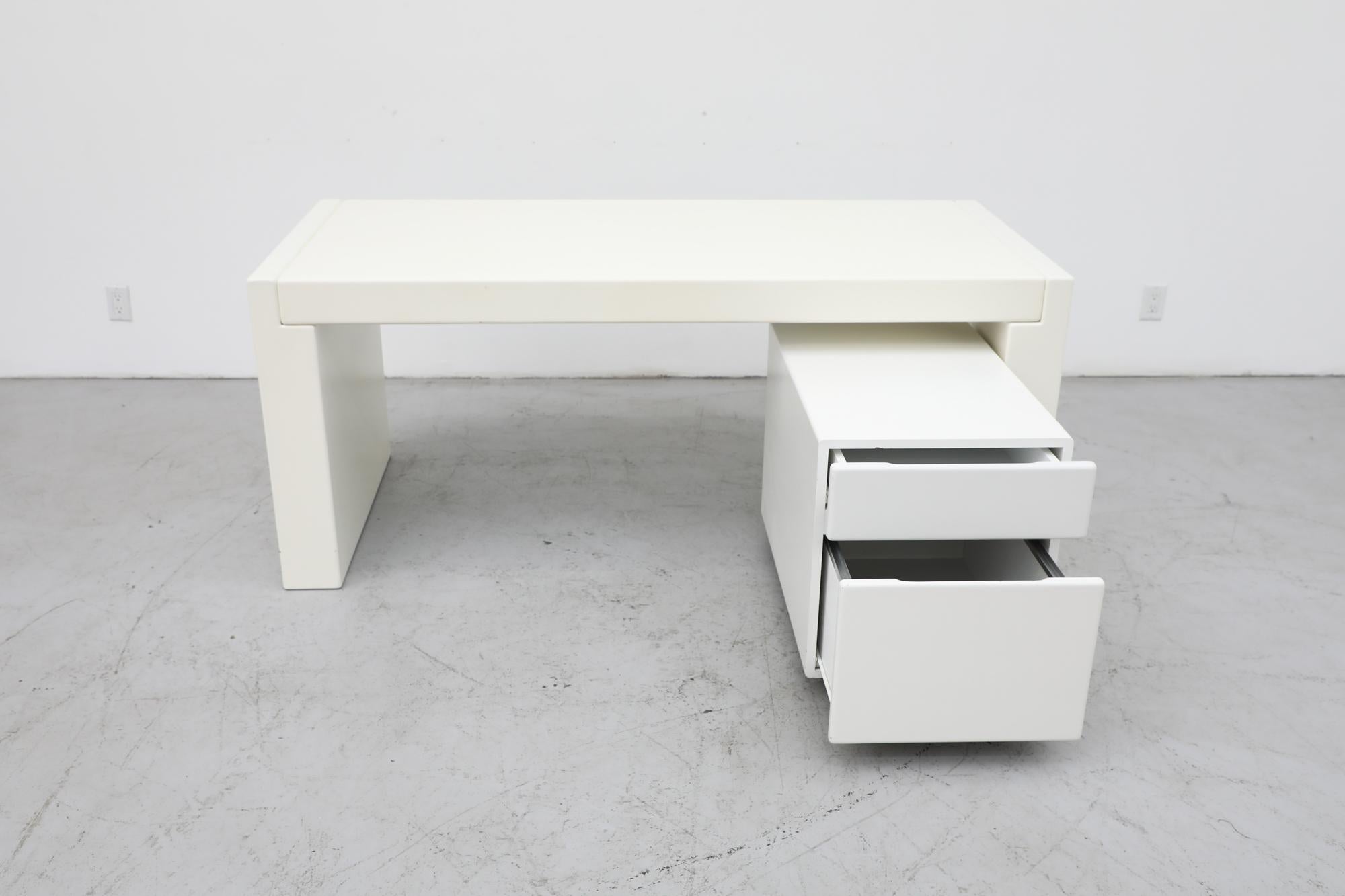 Painted Mid-Century MOD Jean Maneval Inspired Chunky White Desk with Rolling Storage For Sale