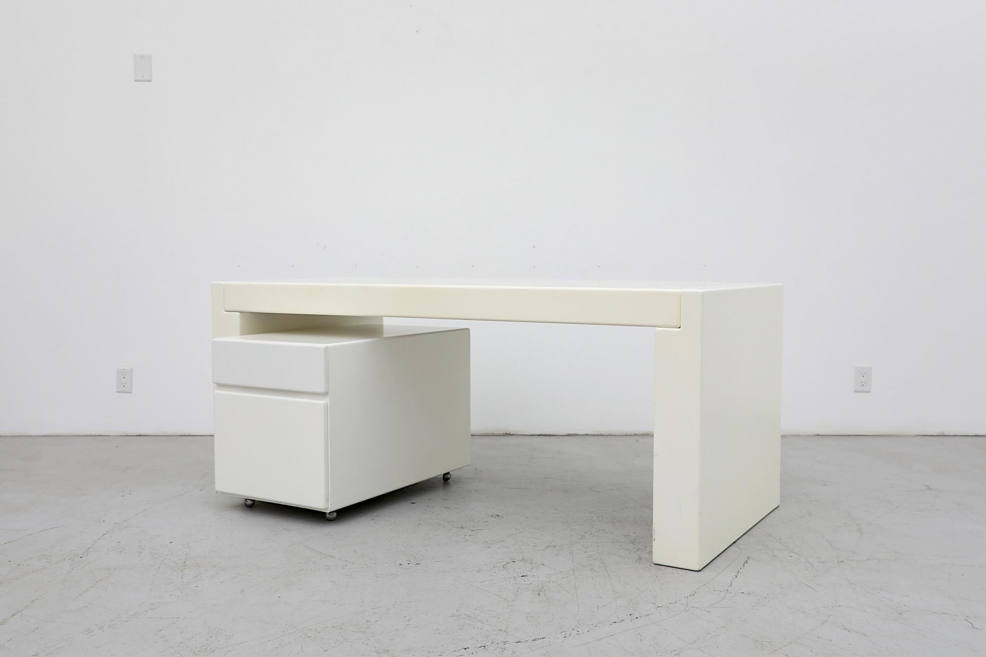 Mid-Century MOD Jean Maneval Inspired Chunky White Desk with Rolling Storage In Good Condition For Sale In Los Angeles, CA