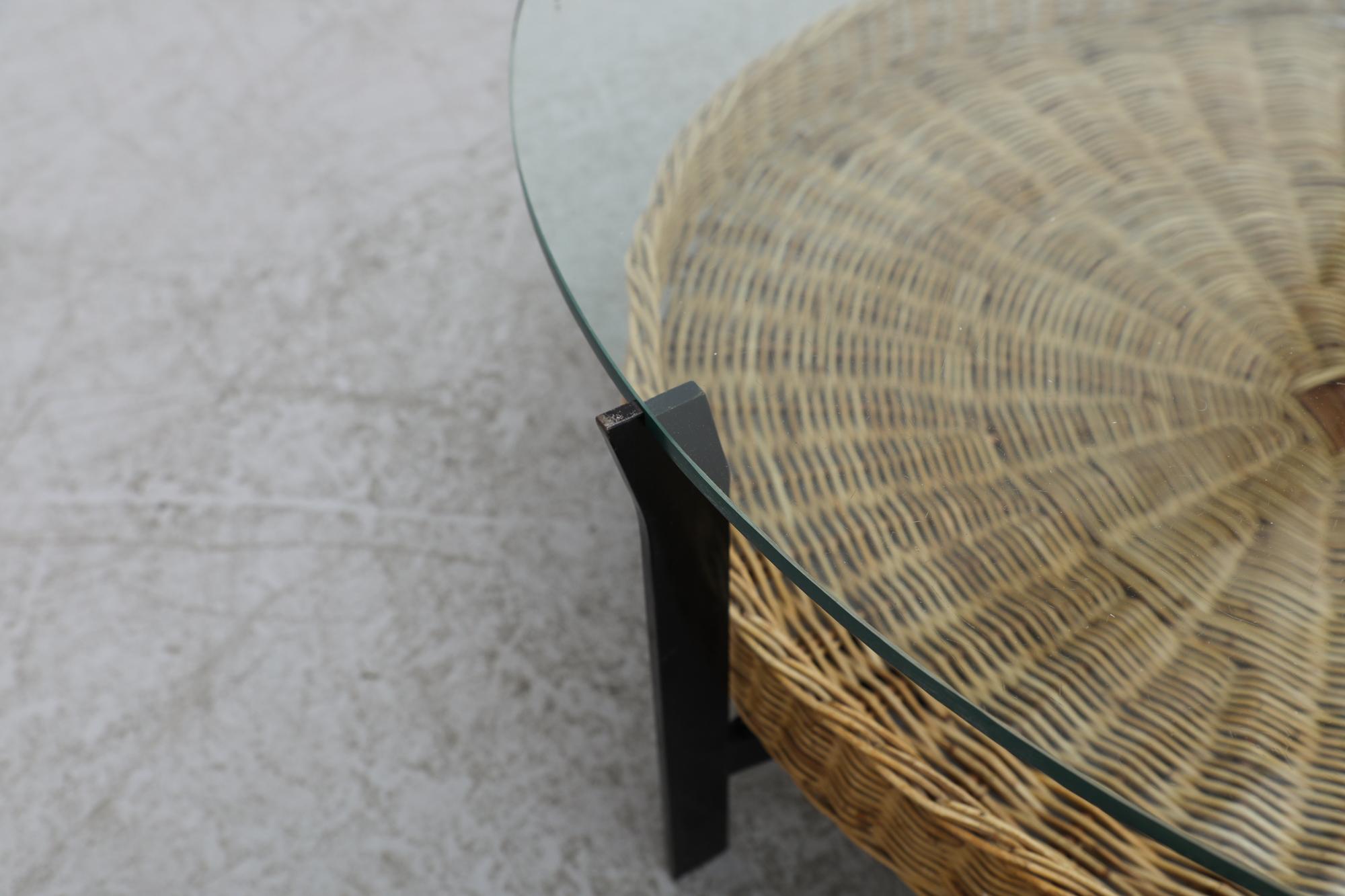 Mid-20th Century Mid-Century Mod Rudolf Wolf Round Glass and Rattan Coffee Table For Sale