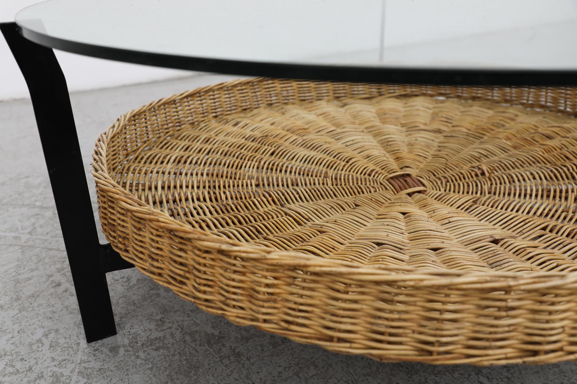 Metal Mid-Century Mod Rudolf Wolf Round Glass and Rattan Coffee Table For Sale