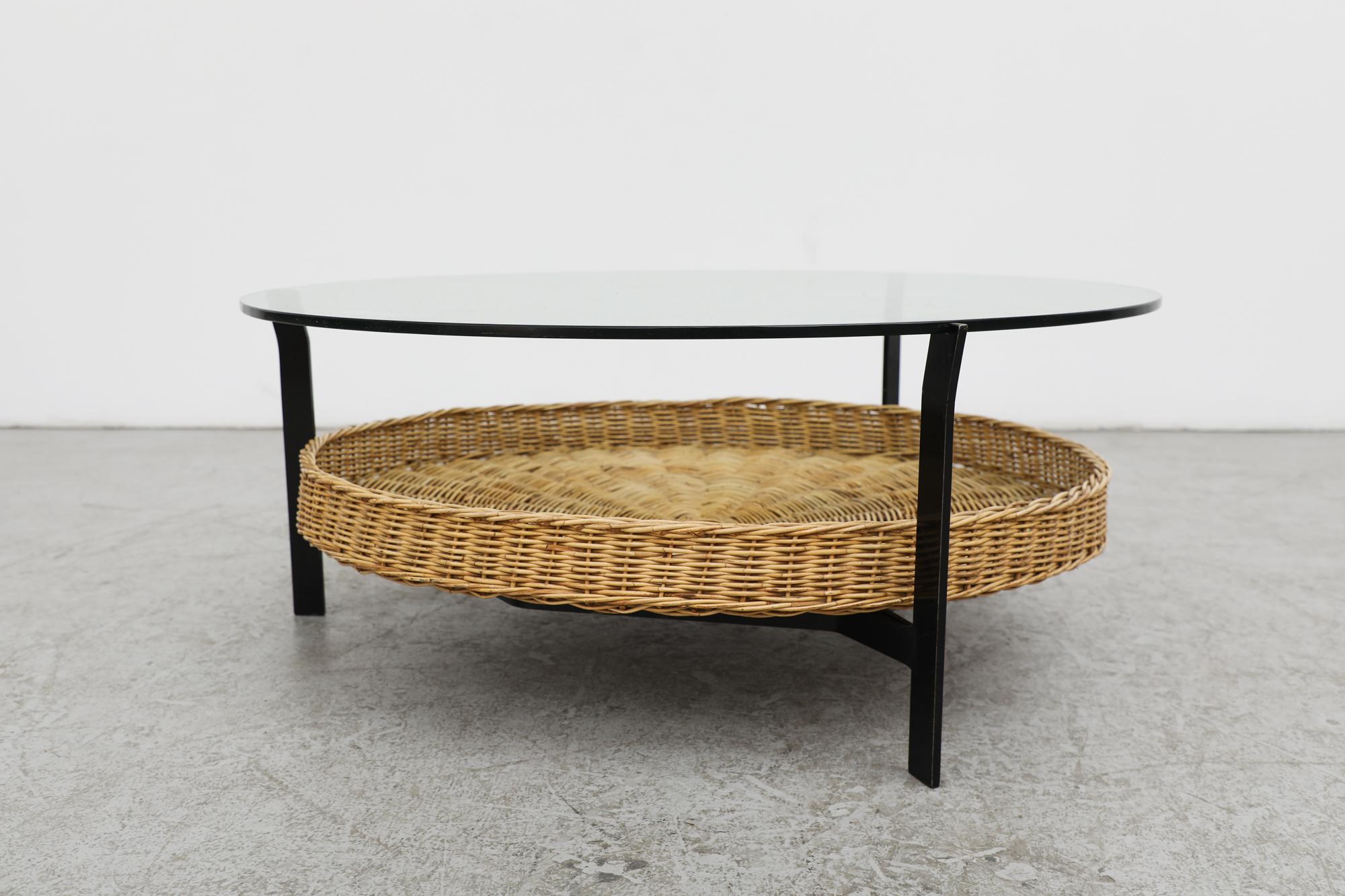 Mid-Century Mod Rudolf Wolf Round Glass and Rattan Coffee Table For Sale 1