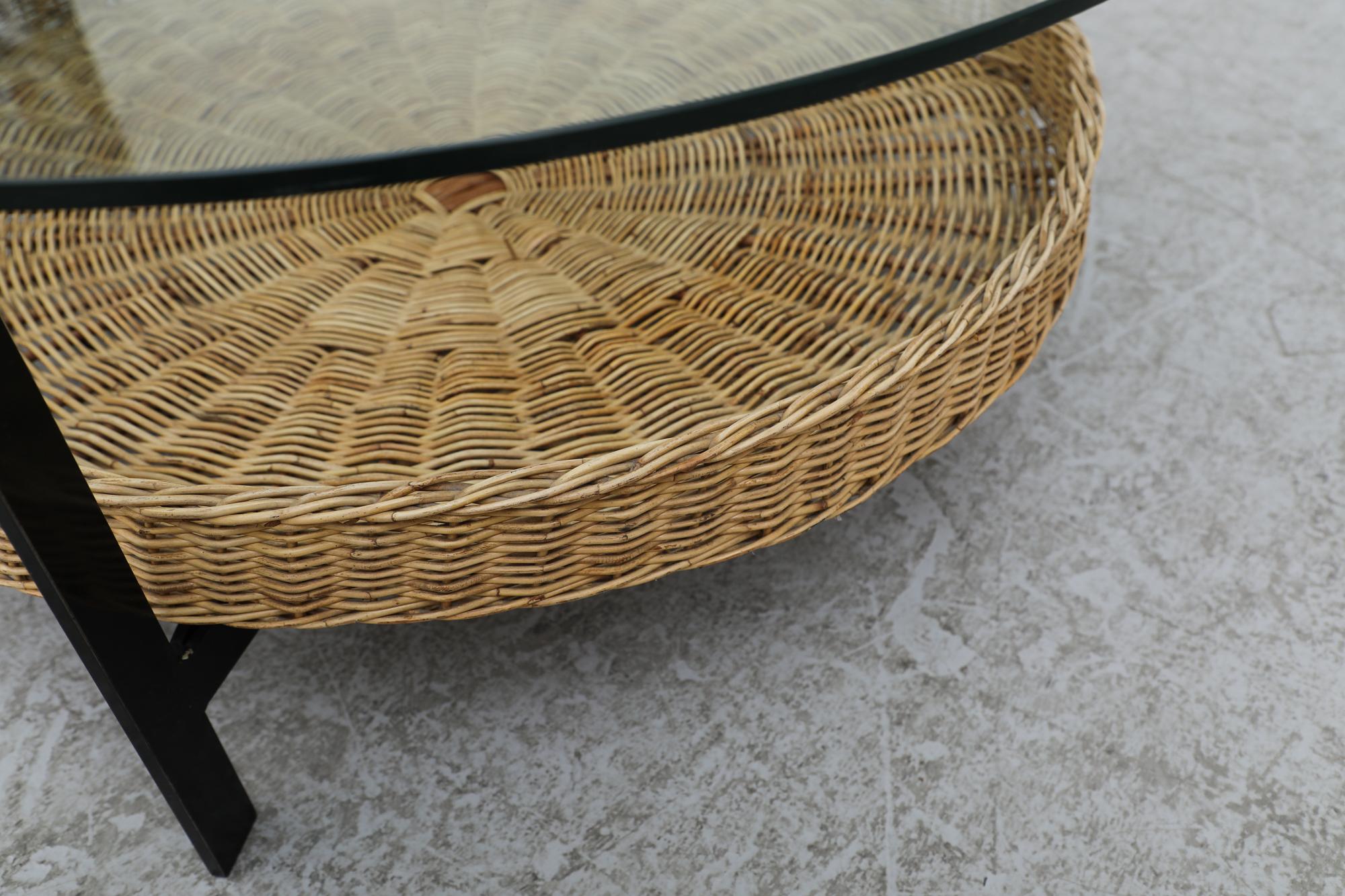 Enameled Mid-Century Mod Rudolf Wolf Round Glass and Rattan Coffee Table For Sale