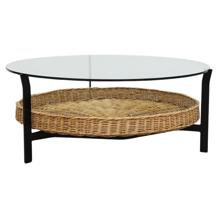 Table basse ronde Rudolf Wolf en verre et rotin, mi-siècle moderne