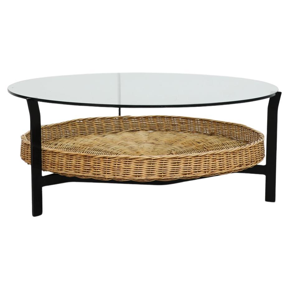 Mid-Century Mod Rudolf Wolf Round Glass and Rattan Coffee Table For Sale